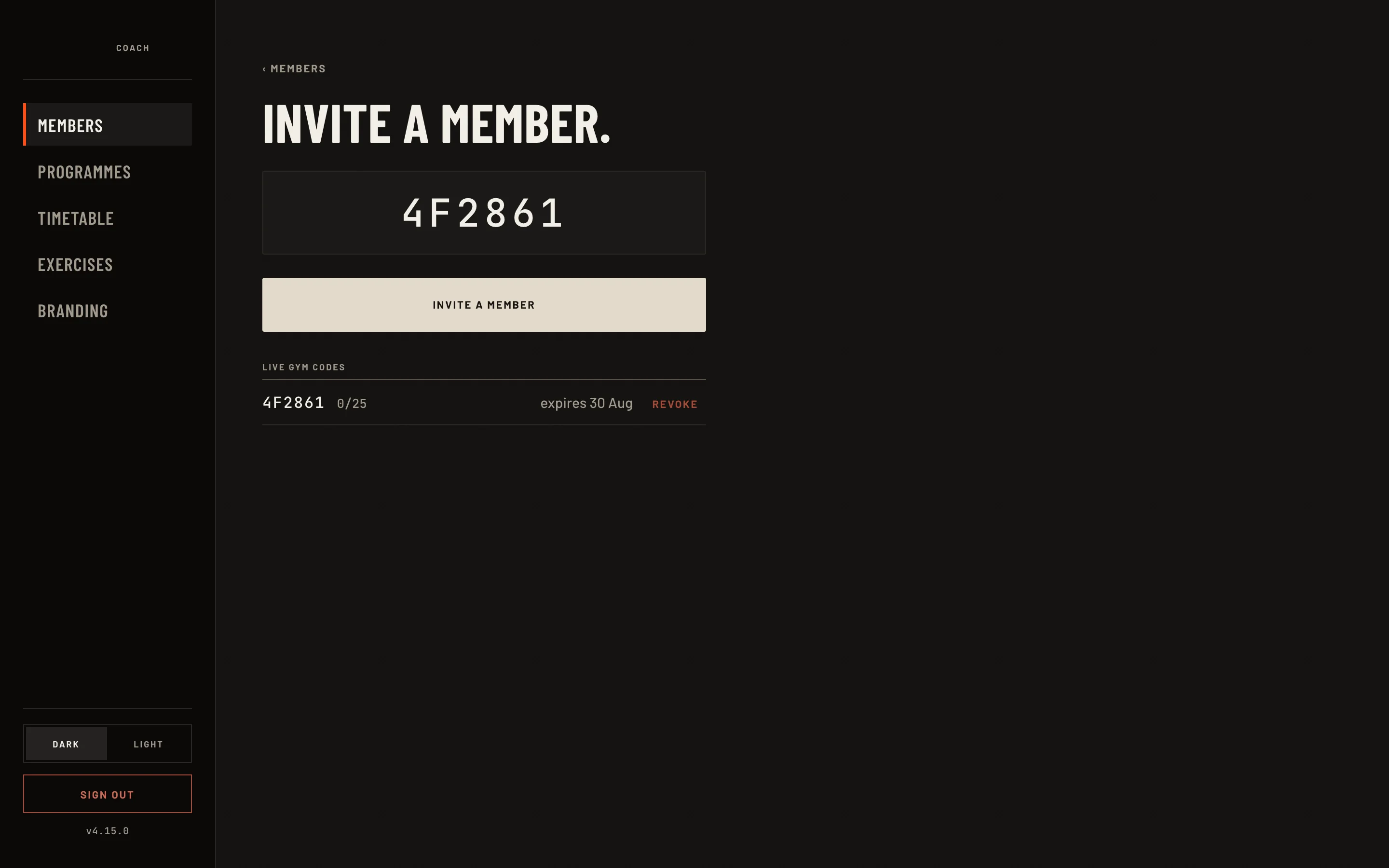 The invite panel: a generated gym code 4F2861 with 25 seats, none used, expiring in a week, in the live gym-codes ledger
