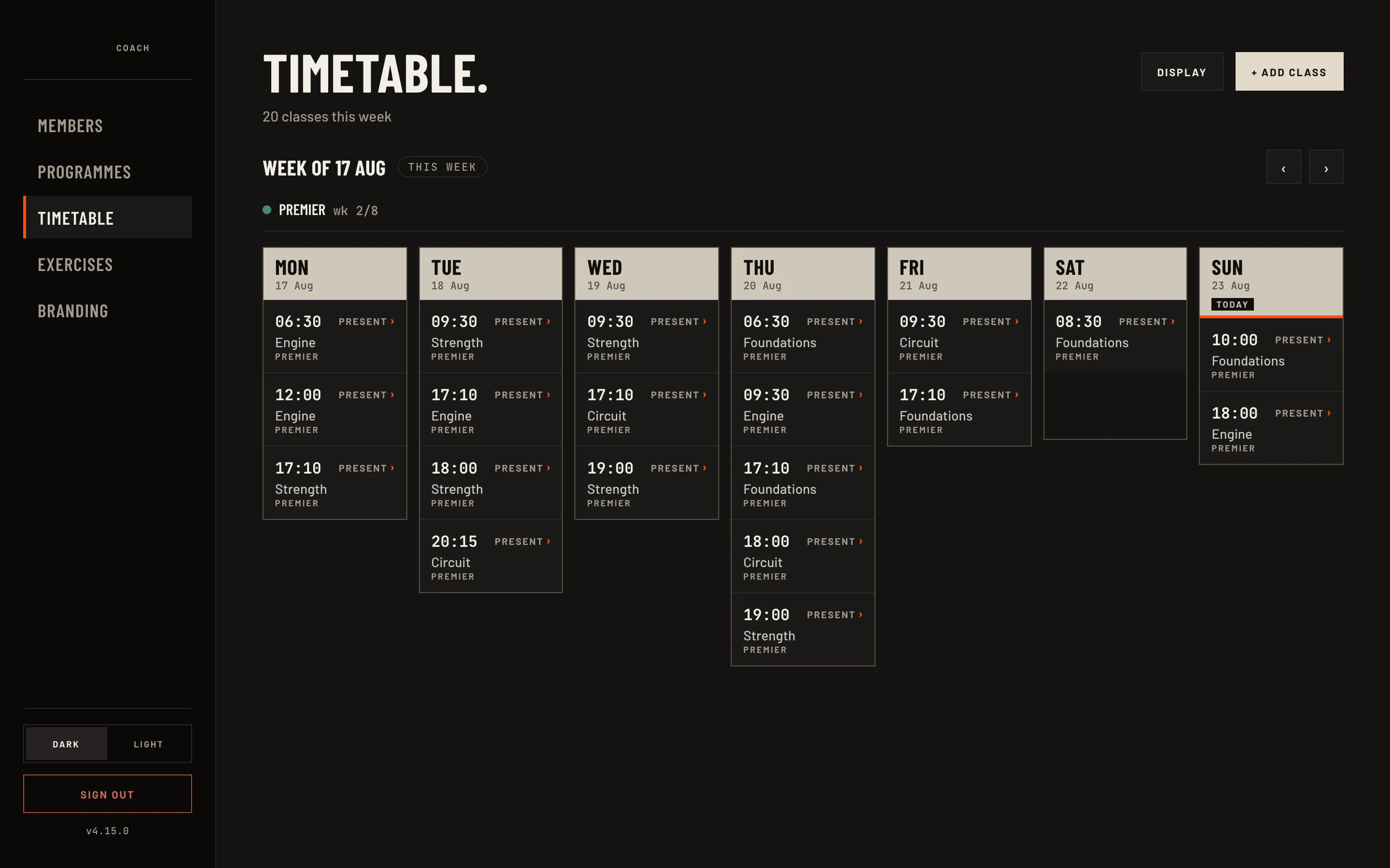 Weekly timetable: nineteen classes across the week, each day a column with its times and workouts, the Premier programme running week 3 of 8, today marked