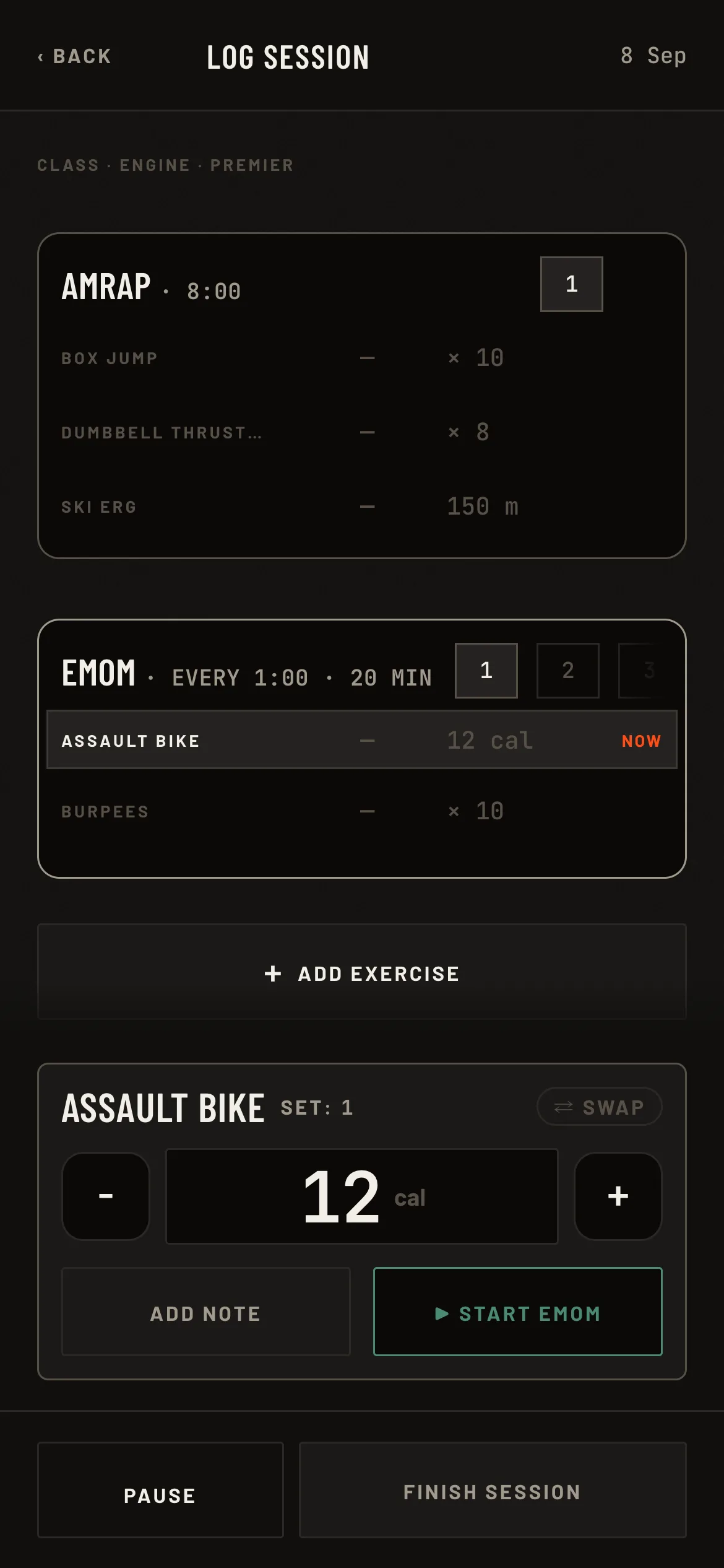 The same workout on a member's phone, the EMOM ready to start