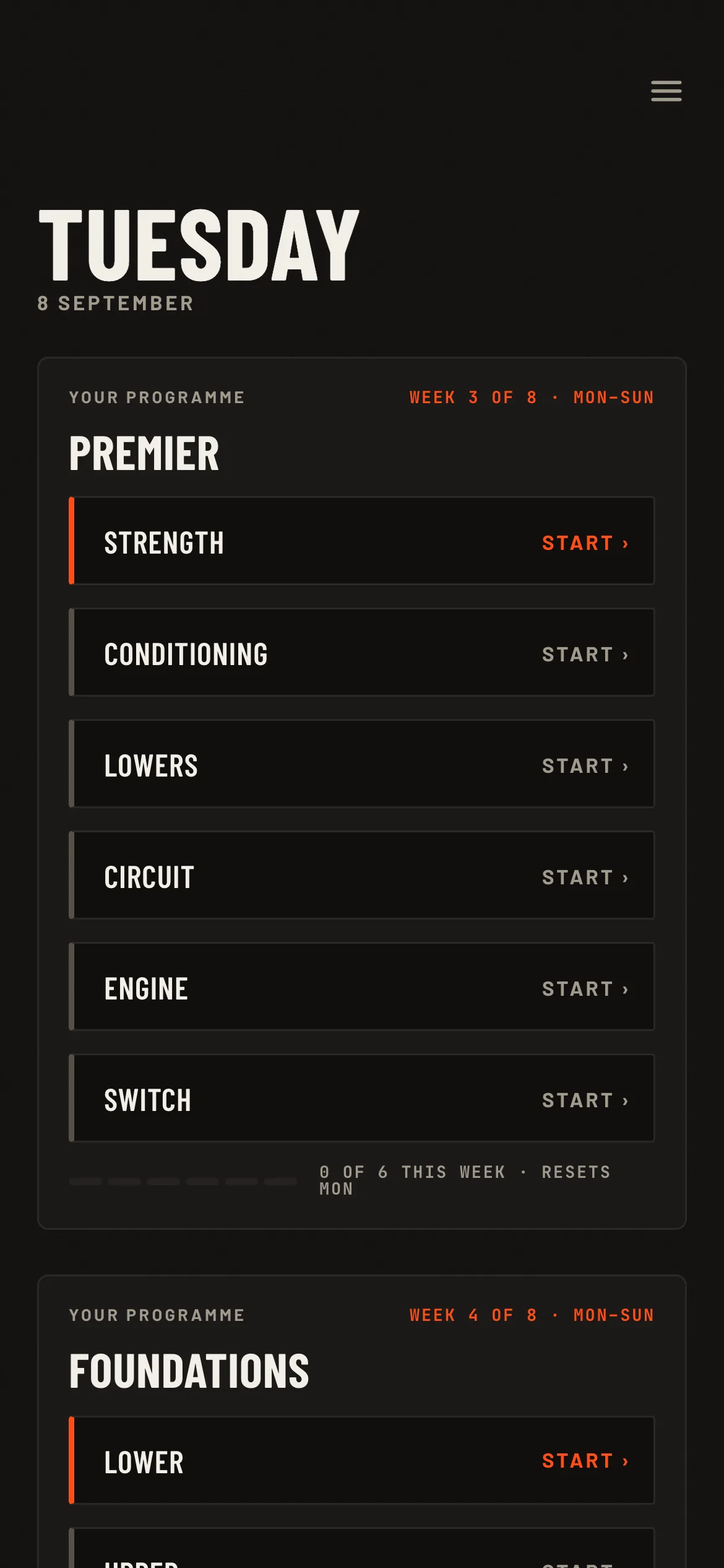 A member's phone: two classes on today, each with a start button