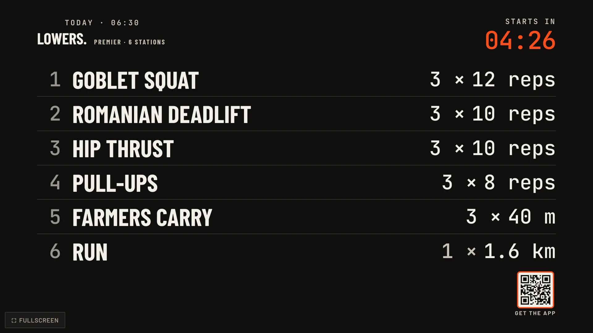 The gym TV: today's class with six stations, their targets, and a countdown to the start